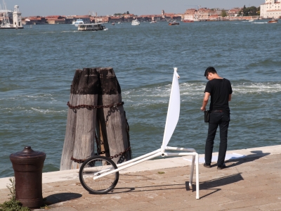 Boedi Widjaja, <i>PATH. 8, INVISIBLE CITIES 。 云海游</i>, 2016, Live art, performed at the 57th Venice Biennale, with 'sail carriage' and artist-made graphite frottages, dimensions variable