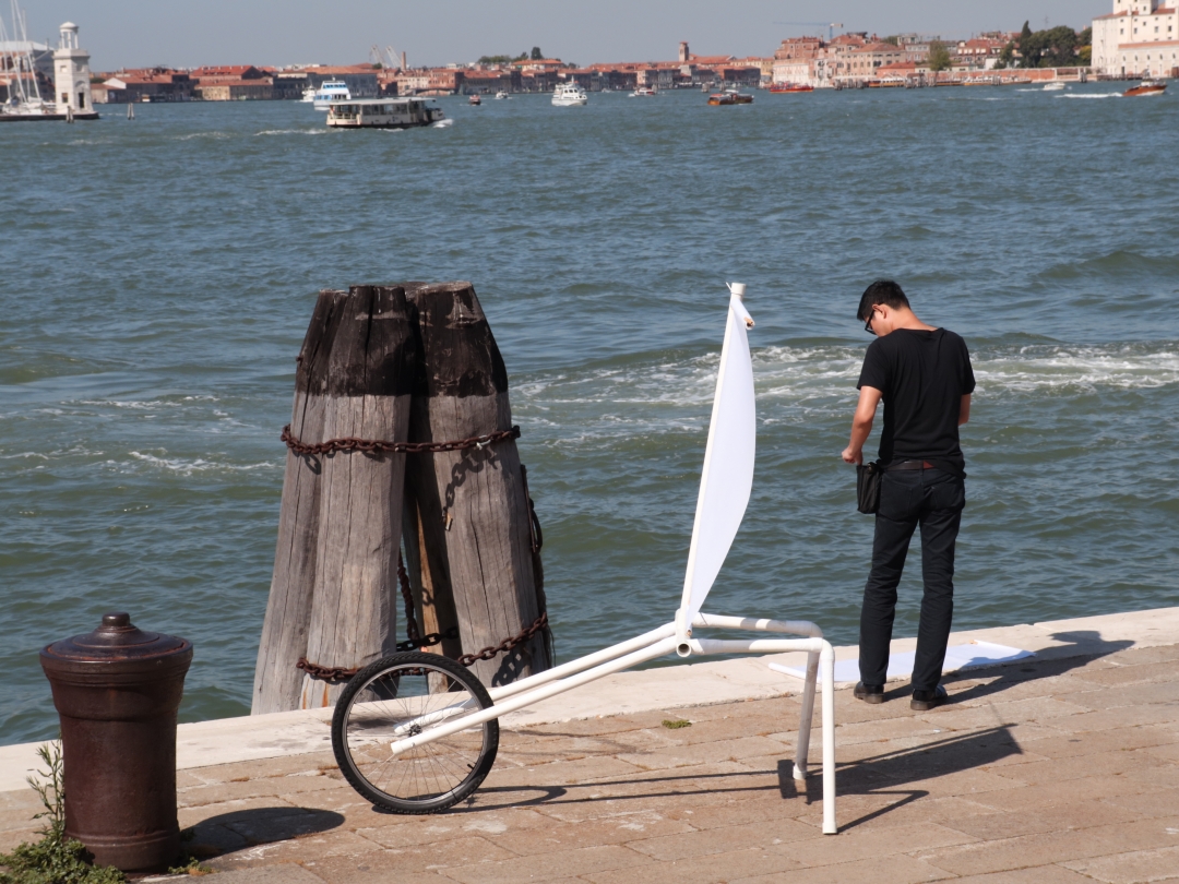 Boedi Widjaja, <i>PATH. 8, INVISIBLE CITIES 。 云海游</i>, 2016, Live art, performed at the 57th Venice Biennale, with 'sail carriage' and artist-made graphite frottages, dimensions variable