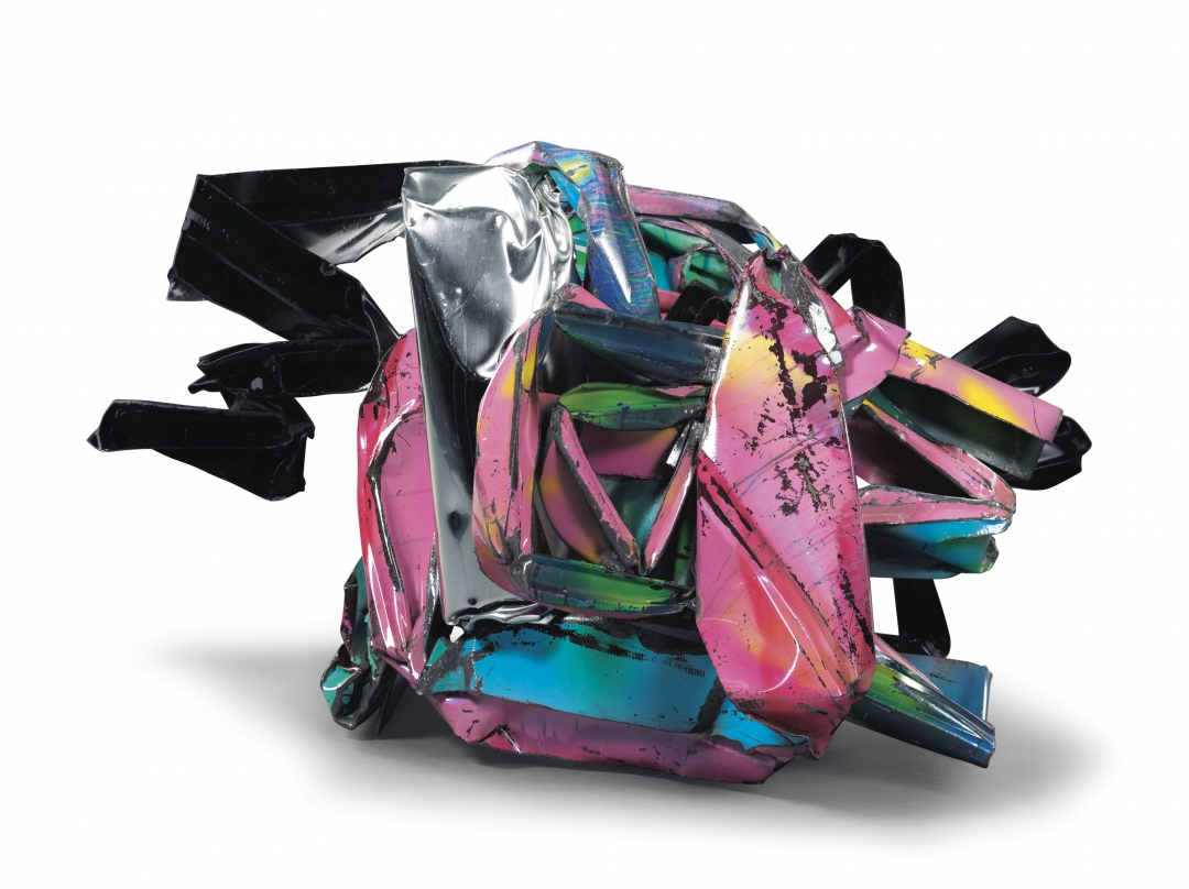 John Chamberlain, <i>Schadenfreude</i>, 1993, Paint and Chromium-plated steel, 27h x 48w x 25d in (68.58h x 121.92w x 63.50d cm)