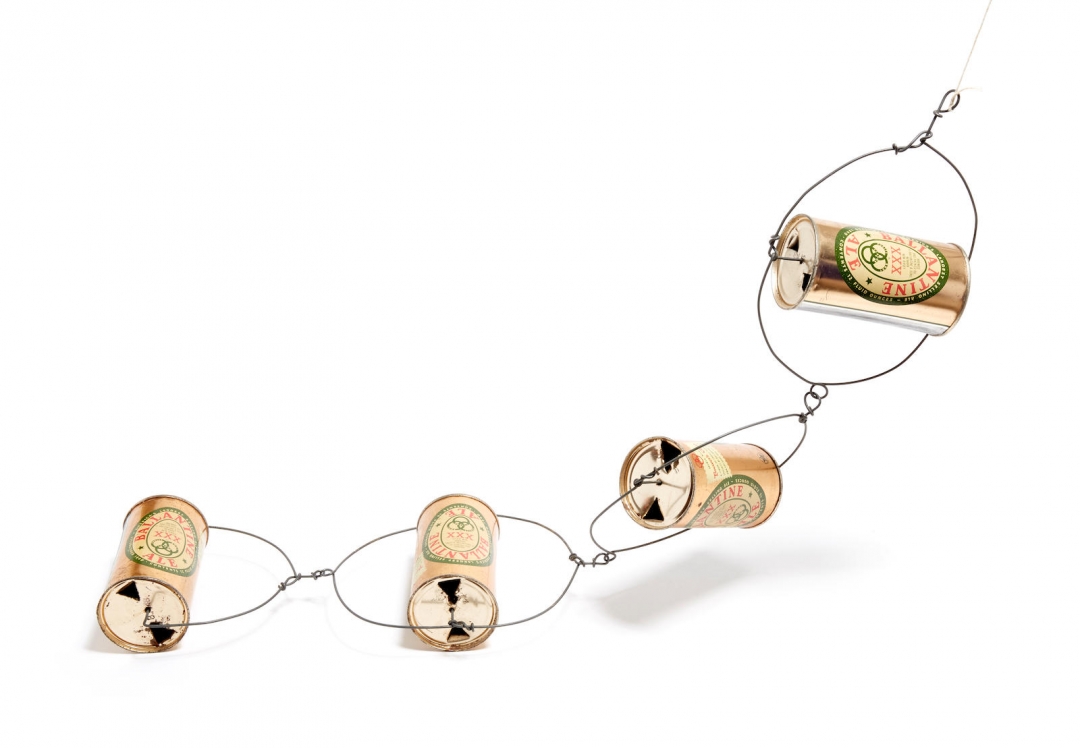 Alexander Calder, <i>Untitled (Pull Toy)</i>, c. 1958, Tin cans and wire, 33 1/2h x 6w x 3d in